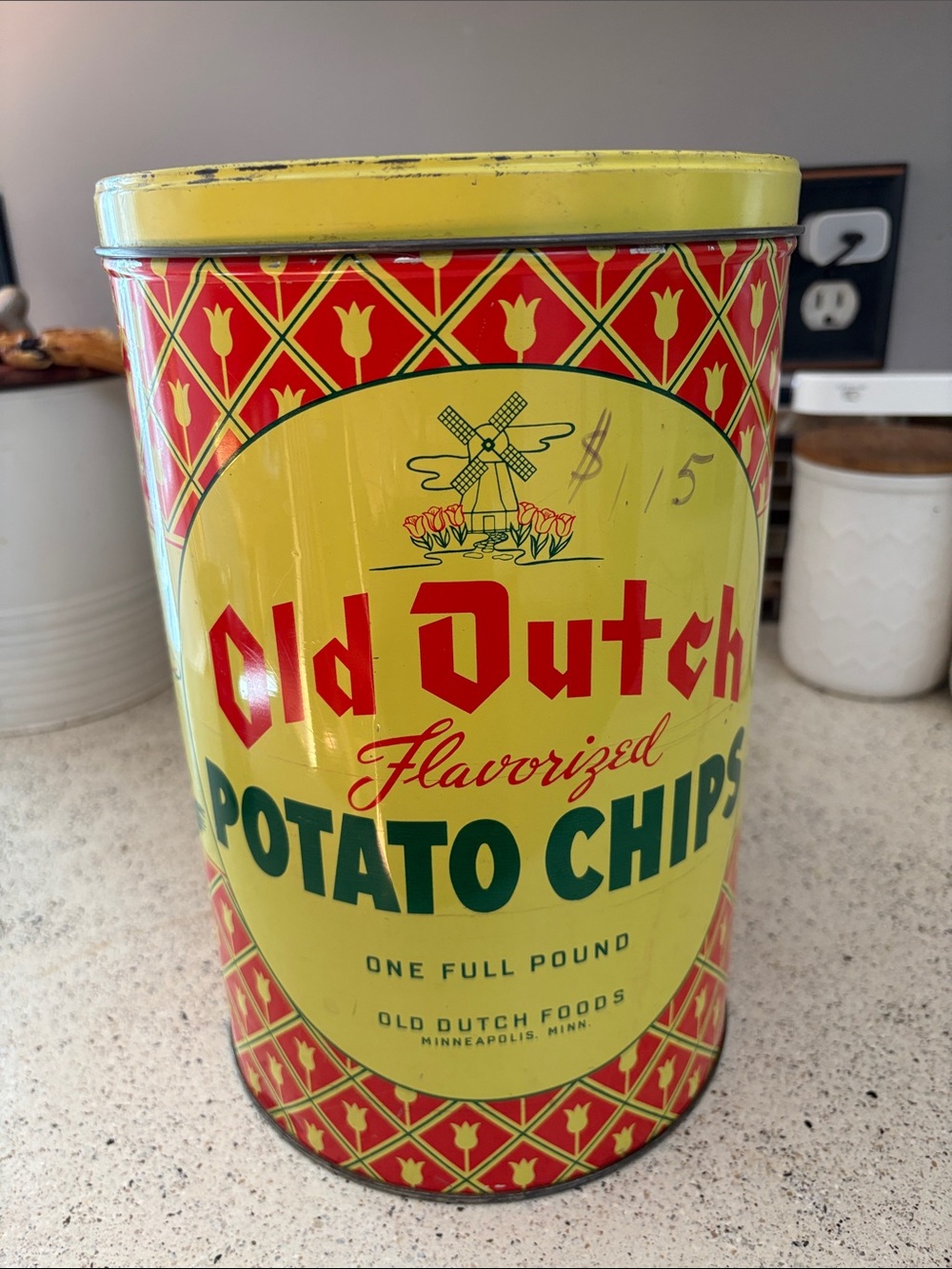 Yellow & Red Vintage Potato Chips Tin -Old Dutch Collectible